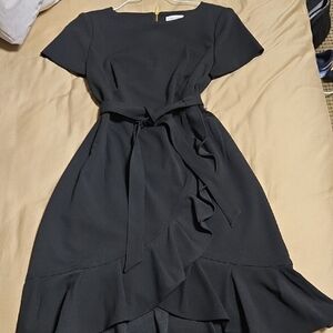 Calvin Klein Black Asymmetrical Ruffled Midi Dress